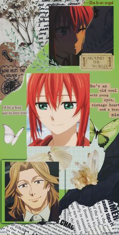 an anime character with red hair and green eyes is surrounded by other characters in the background