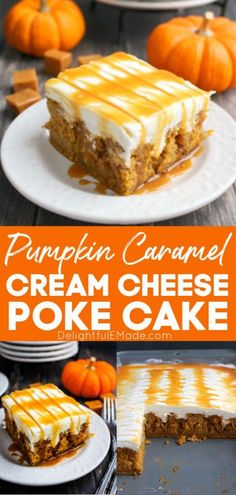 pumpkin caramel cream cheese poke cake on a plate