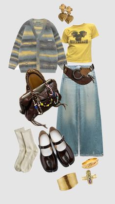 Layered look inspo, Cute winter outfits aesthetic, artsy winter outfit, colorful winter outfits, tabis, colorful button up sweater #aesthetic Artsy Winter Outfits, Colorful Winter Outfits, Boho Chic Accessories, Winter Outfits Aesthetic, Vintage Inspired Outfits, Cute Winter Outfits, Winter Layering, Wide Jeans, Striped Cardigan