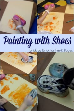 kids are painting with shoes on paper and using them to make their own shoes out of construction paper