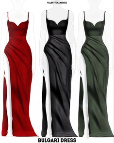 three dresses are shown in different colors and sizes, one is black, the other is red