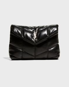 Saint Laurent Loulou YSL Quilted Puffer Pouch Clutch Bag | Neiman Marcus Ysl Pouch, Saint Laurent Clutch, Saint Laurent Handbags, Handbag Collection, Elegant Logo, Saint Laurent Bag, Metallic Logo, Quilted Leather, Leather Pouch