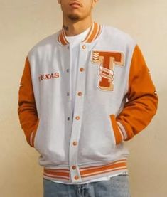 NCAA OVO Texas Longhorns Varsity Gray and Orange Fleece Jacket Orange Fleece Jacket, Brown Denim Jacket, Orange Fleece, Mens Leather Coats, Biker Jacket Men, Varsity Letterman Jackets, Letterman Jacket, Texas Longhorns, A Football