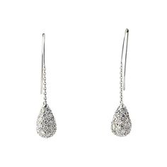 Pavé diamond teardrop earrings dangling on 18K white gold wire and chain. Hook backs for pierced ears. Diamond teardrops total an estimated 2.7 carats; clarity of the diamonds is SI.   Please see the measurements noted above in the description for best approximate dimensions White Diamond-cut Teardrop Earrings, White Diamond Cut Teardrop Earrings, White Gold Diamond-cut Teardrop Earrings, Diamond White Teardrop Earrings In Sterling Silver, White Gold Diamond Cut Teardrop Earrings, Diamond Dangle Teardrop Earrings, White Gold Teardrop Dangle Earrings, White Gold Teardrop Earrings For Evening, Diamond White Teardrop Sterling Silver Earrings