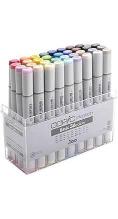 an assortment of different colors of markers in a plastic holder on a white background for display