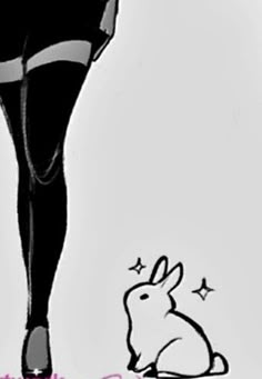 a drawing of a woman in tights with a rabbit on the ground next to her