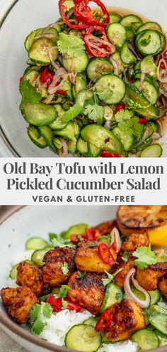 an old bay tofu with lemon pickled cucumber salad is served in a bowl