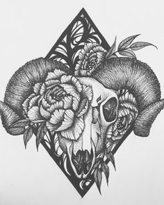 a black and white drawing of a skull with flowers on it's head in the shape of a diamond