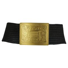 Fendi black stretch leather belt with massive rectangular buckle engraved with the facade of their Atelier and "FENDI ROMA 1925 ITALY”. Features yellow gold brushed and shiny buckle, 2 pong and grommet closure, black leather ruched elastic belt. Designer size 85cm/34” Made in Italy. Condition - Excellent Measurements Buckle Width 4.75” / Height 3.75” Belt length 32-34” / Height 3.25” Foxy Couture is not an authorized reseller nor affiliated with any of the brands we sell. International Buyers: F Belt Gold, Belt Length, Elastic Belt, Wide Belt, Black Stretch, Leather Belt, Fendi, Black Leather, Buckle