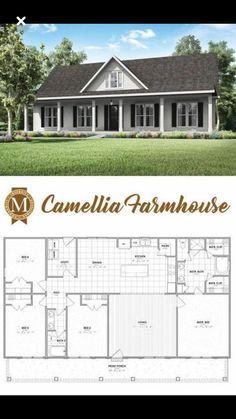 the camellia farmhouse house plan is shown in this image, and it's floor plans