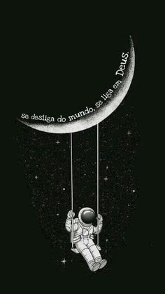 an astronaut floating in the sky with a crescent moon above it and words written below