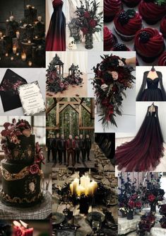 a collage of black and red wedding colors with flowers, candles, and decorations