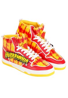 PRICES MAY VARY. All man made canvas uppers, rubber soles Hi-top lace up shoes All over print and appliqued graphics Exclusive Officially licensed Hulk Hogan has always had style. Yeah, it was an 80s-esque style, but he embraced it thoroughly, and we respect that. That's why our design team put their heads together and came up with our exclusively made Hulk Hogan Hulkamania Shoes for Men. These bad boys are officially licensed, so you might even catch Hulkster himself wearing a pair. These hi-to Boys Wrestling Shoes, Rasta Shoes Men, Heads Together, Couples Fashion, Hogan Shoes, Hulk Hogan, Cool Accessories, Fashion Themes, Hi Top