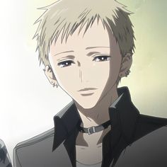 an anime character with blonde hair wearing a black shirt and collared shirt, looking at the camera