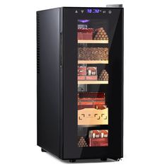 an image of a wine cooler with many bottles and containers in it's door