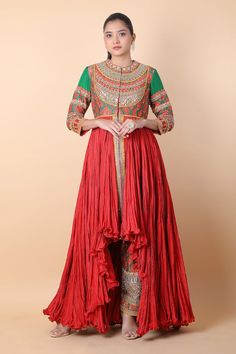 Green and orange anarkali with floral, thread and mirror embroidery. Comes with floral printed pant. - Aza Fashions Maxi Length Salwar Kameez With Intricate Embroidery For Navratri, Traditional Embroidered Maxi Sharara, Anarkali Salwar Kameez With Multicolor Embroidery For Reception, Maxi Length Anarkali Set With Intricate Embroidery For Navratri, Embroidered Maxi Length Sharara For Navratri, Navratri Embroidered Maxi Length Sharara, Festive Orange Anarkali Set With Intricate Embroidery, Intricate Embroidery Maxi Length Sharara For Festivals, Designer Orange Embroidered Salwar Kameez