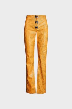 Snake printed embossed faux leather pant with swing hooks. Fit runs small 60% Polyurethane, 40% Polyester Yellow Leather Pants, Yellow Pants, Leather Pant, Orange Leather, Yellow Leather, Faux Leather Pants, Leather Outfit, Snake Print, Leather Pants