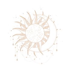 a drawing of the sun and moon with drops of water around it on a white background