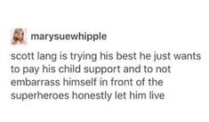 a text message that reads, marysewhipple scott lang is trying his best he just wants to pay his child support and not embarass himself in front of the