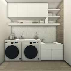 an image of a kitchen setting with washers and dryer in the corner on the floor