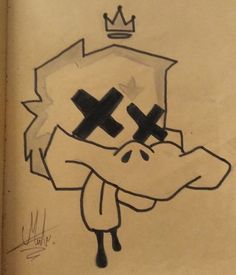 a drawing of a skull with two crosses on it's face and a crown above its head