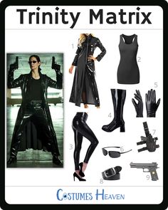 a woman in black clothes and accessories is shown with text that reads, trinity mattrixx