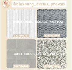 some different types of tiles and flooring in various colors, shapes and sizes with the words bloxburg - dealis - prestox on them