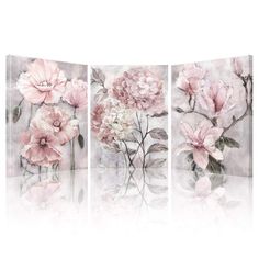 three pink flowers in vases on a white background wall art print by artist unknown