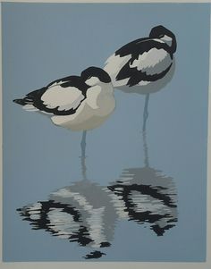 two black and white birds standing in the water looking at each other's reflection