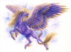 a drawing of a purple unicorn with wings on it's back, flying in the sky