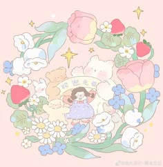 a bunch of flowers and teddy bears on a pink background