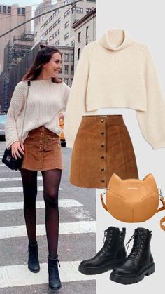 Creado por porotto en Shuffles Suede Skirt Outfit, Sweater And Shirt, Corduroy Skirt Outfit, Cozy Fall Aesthetic, Green Puffer Vest, Warm Fall Outfits, Fall Outfits 2022, Green Puffer, Layered Sweater