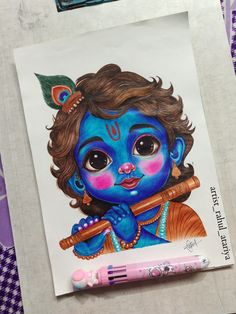 a drawing of a little boy with blue paint on his face and holding a flute