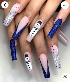 Trendy Winter Nails Long, Simple Christmas Nails Acrylic Long, Long Christmas Nails 2022, Snowman Christmas Nails Acrylic, Simple Snowflake Nails Acrylic, Christmas Nails Acrylic Snowman, Winter Acrylics Nails, Christmas Nails Acrylic Long Art Designs, Christmas Nails Inspo 2022