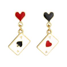 PRICES MAY VARY. Queen of Heart Earrings:These red heart poker earrings are made of alloy,white pearl and enamel red heart.As a fashion accessory for Halloween, Thanksgiving,parties, masquerade balls,New Year's, holidays,and more,exquisite designs never go out of style,making it easy to pair with daily clothing or as a cosplay gift for friends,standing out on special occasions. Asymmetric Clock Poker Earrings:One side of these earrings is clock earrings and another side is poker earrings. Design Hazbin Hotel Jewelry, Chess Earrings, Poker Earrings, Nerd Earrings, Card Earrings, Queen Of Heart, Heart Costume, Lizzie Hearts, Queen Of Hearts Costume