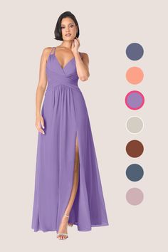 a woman in a long purple dress with the color swatches on her chest and side slit