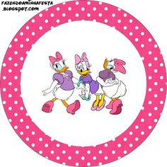 the pink and white polka dot circle has two cartoon characters on it, one is holding a