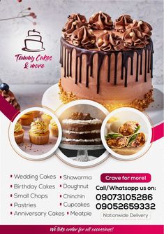 a flyer for a cake shop with chocolate icing