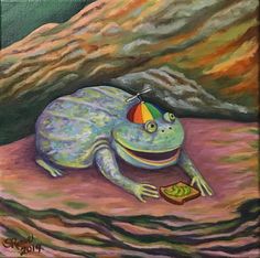 a painting of a frog with an umbrella on it's head and a fish in its mouth