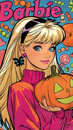 a cartoon girl holding a pumpkin in her arms with the words barbie on it's back