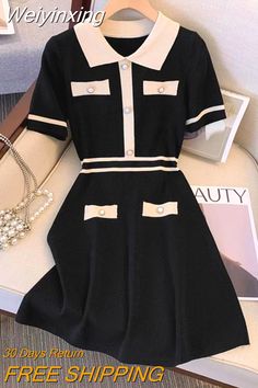 Shipping: Worldwide Express Shipping AvailableDelivery time: 🚚7-15Days Fast ShippingReturns: Fast refund,💯100% Money Back Guarantee.SPECIFICATIONSBrand Name: CBAFUElasticity: Medium StrecthSleeve Style: RegularFabric Type: KnittingPattern Type: PatchworkFit Type: SlimSilhouette: A-LINENeckline: Turn-down CollarDecoration: ButtonStyle: vintageDresses Length: Knee-LengthMaterial: KnittingAge: JUNIOROrigin: Mainland ChinaCN: GuangdongSeason: Spring/SummerClosure Type: PulloverType: RegularMateria Black Non-stretch Short Sleeve Mini Dress, Black Non-stretch Mini Dress With Short Sleeves, Elegant Non-stretch Black Mini Dress, Elegant Black Non-stretch Mini Dress, Black Non-stretch Mini Dress For Winter, Chic Black Non-stretch Mini Dress, Black Short Sleeve Dress For Winter, Black Short Sleeve Mini Dress For Winter, Black Mini Dress With Short Sleeves For Winter