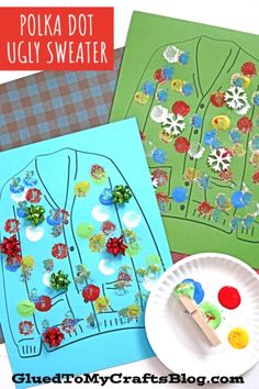 some paper plates with buttons and clothes on them next to a card that says polka dot ugly sweater