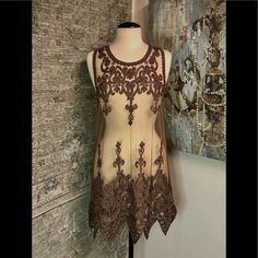 Elegant Embroidered Lace Gatsby Dress Approx 32” Dark Taupe Elegant Brown Dress With Intricate Embroidery, Fitted Sheer Brown Dresses, Sleeveless Brown Dress With Lace Trim, Brown Sleeveless Dress With Lace Trim, Elegant Embroidered Brown Dress, Elegant Brown Embroidered Dress, Sheer Brown Spring Dress, Spring Sheer Brown Dress, Brown Sheer Spring Dress