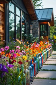 many colorful flowers in vases lined up on the side of a building with windows