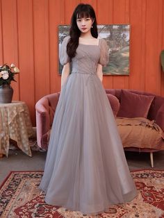 Grey Prom Dress With Sleeves, Half Sleeve Prom Dress, Evening Dresses Short Sleeve, Grad Dresses Sleeves, Short Sleeve Formal Dress, Fitted Gray Tulle Dress, Gray Wedding Dresses For Prom Season, Gray Prom Dress With Fitted Bodice, Fitted Gray Wedding Dresses