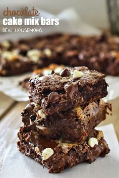 chocolate cake mix bars stacked on top of each other