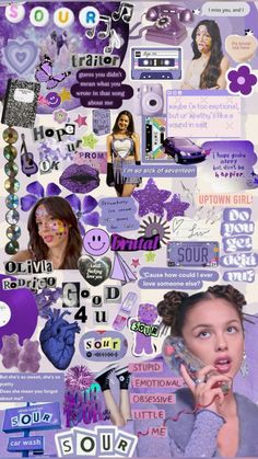 a collage of various images and words on purple paper with an image of a woman talking