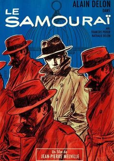 the poster for le samourai is shown in blue and red colors with men wearing hats