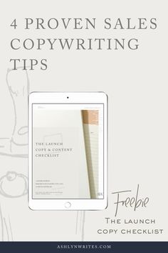 an ipad with the text 4 proven sales copy writing tips on it, in front of a