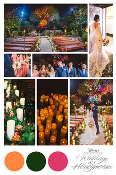 a collage of wedding photos with candles and flowers